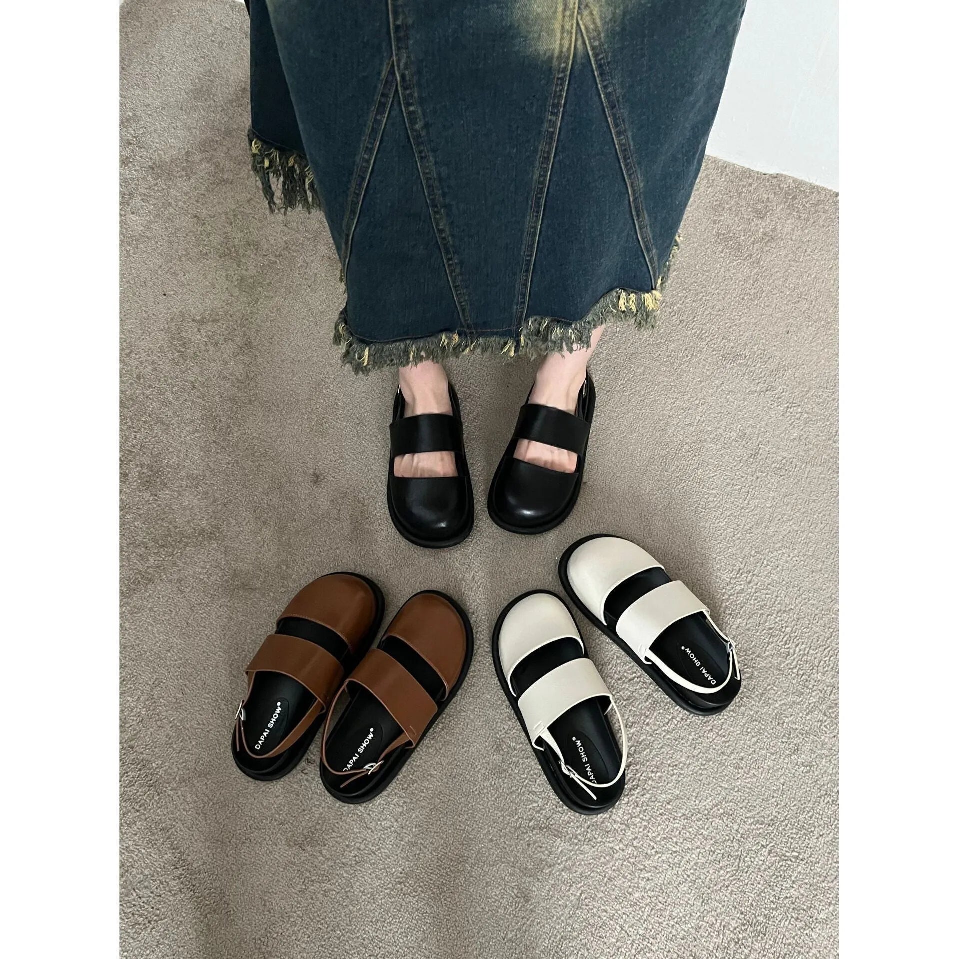 Women's retro Korean style sandals with closed toe, ankle strap buckle, in apricot colour.