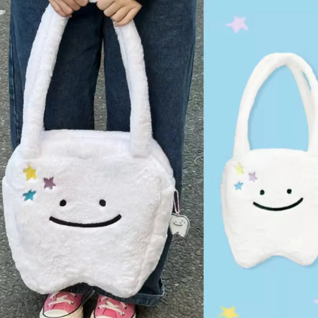 White plush shoulder tote bag with cute teeth design and crossbody strap