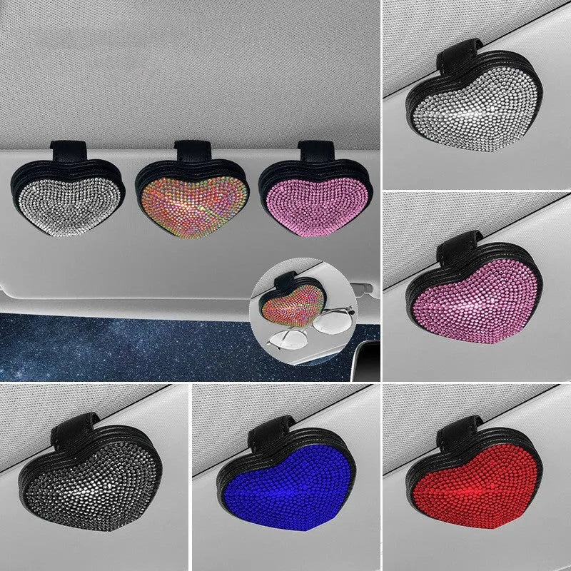 PU leather car sun visor clip with diamond decoration and magnetic closure, shown in multiple colours.