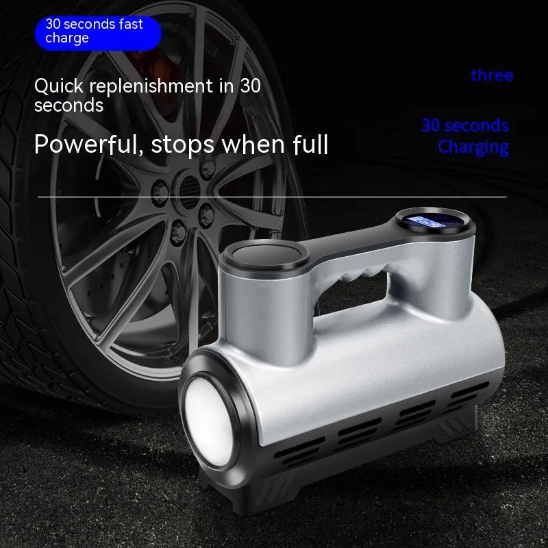 12V portable car tyre inflator with digital display and ABS housing alongside three air nozzles