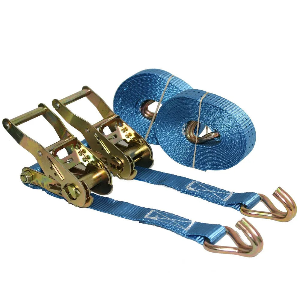 Steel ratchet tensioner fastening strap with double hooks and grey polyester webbing.