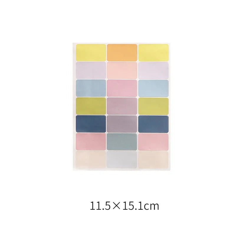 Handwritten label stickers showing multiple grid formats, A6 ruler versions, and coloured sticky notes on white background