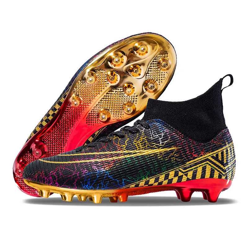 High-top soccer training shoes with gold plated soles and synthetic leather upper in mandarin duck colour