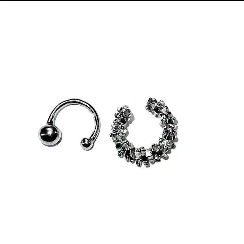 Pair of geometric-shaped alloy ear clips with a frosty finish and double clip mechanism.