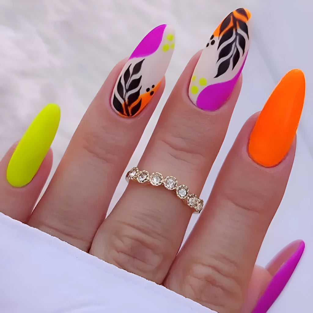 Wear Armour medium almond armour frosted nail stickers showing four patterns: French colourful leaves, colourful plating, star flash macaron, gradient leopard print