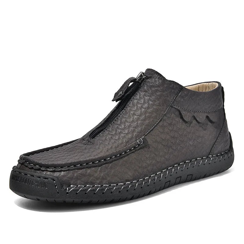 Men's black slip-on leather loafers with round toe and low heel design