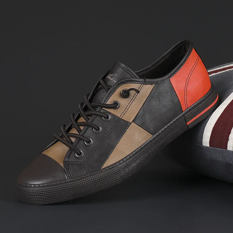 Men's colour matching leather shoes with elastic band and microfiber upper