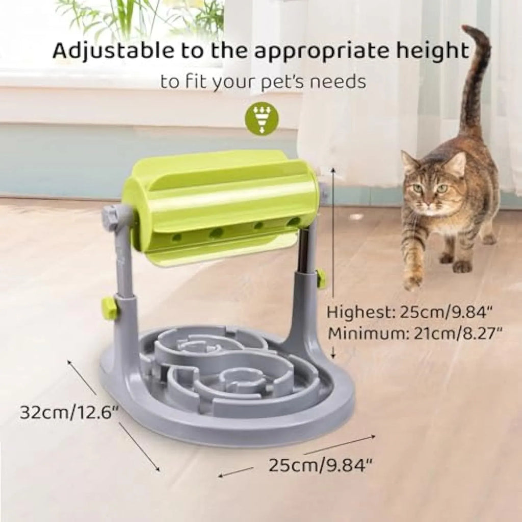Interactive pet food puzzle bowl with raised patterns and adjustable height in blue, green, or pink colours