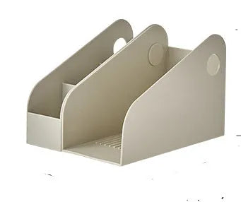 Two-layer plastic desktop storage box in milk coffee colour measuring 14.5 x 17 x 22 cm
