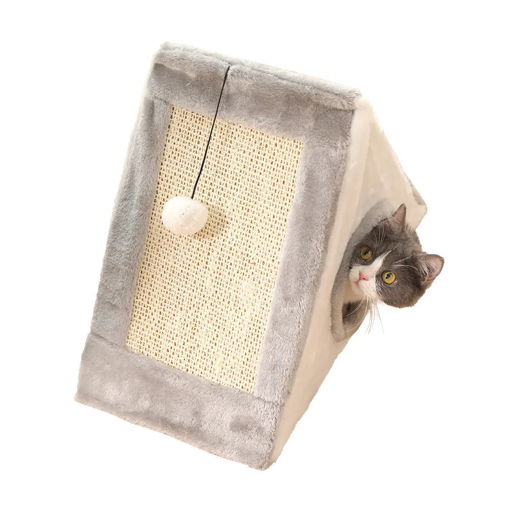 Triangle-shaped sisal cat scratching post and bed in grey and white colour option