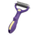 Purple double-sided plastic dog comb for untangling knots and removing loose hair.