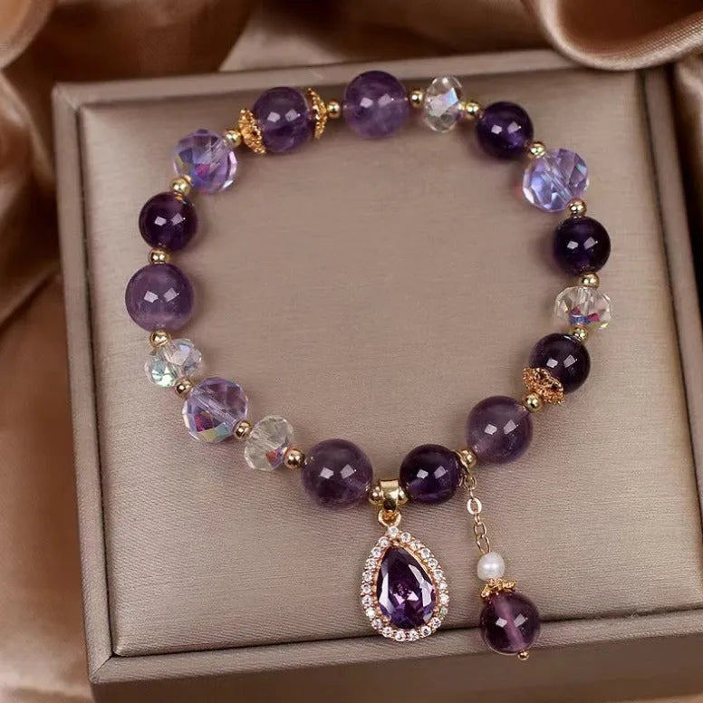 Purple natural amethyst crystal bracelet for women with micro inlay construction.