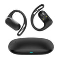 Ear-mounted open Bluetooth translation headphones in black with ear hook design and touch controls