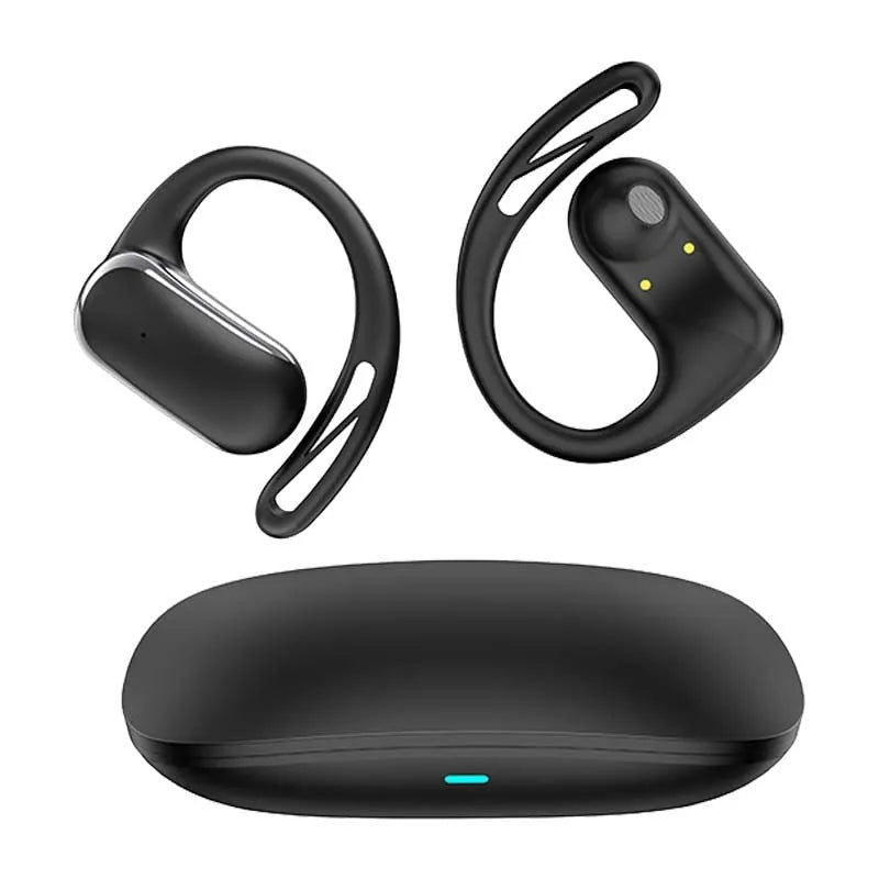 Ear-mounted open Bluetooth translation headphones in black with ear hook design and touch controls