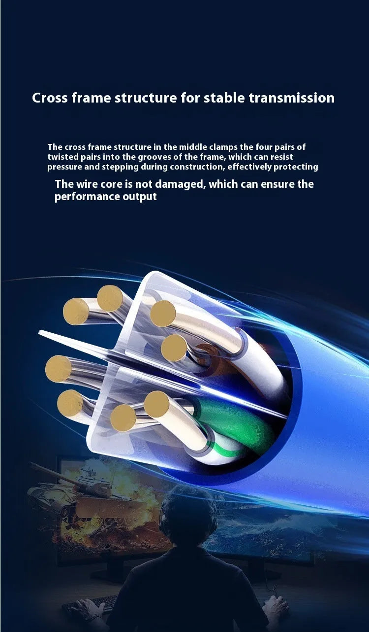 A 305-metre reel of blue Category 6 network cable with oxygen-free copper core, with cable end showing twisted pairs.