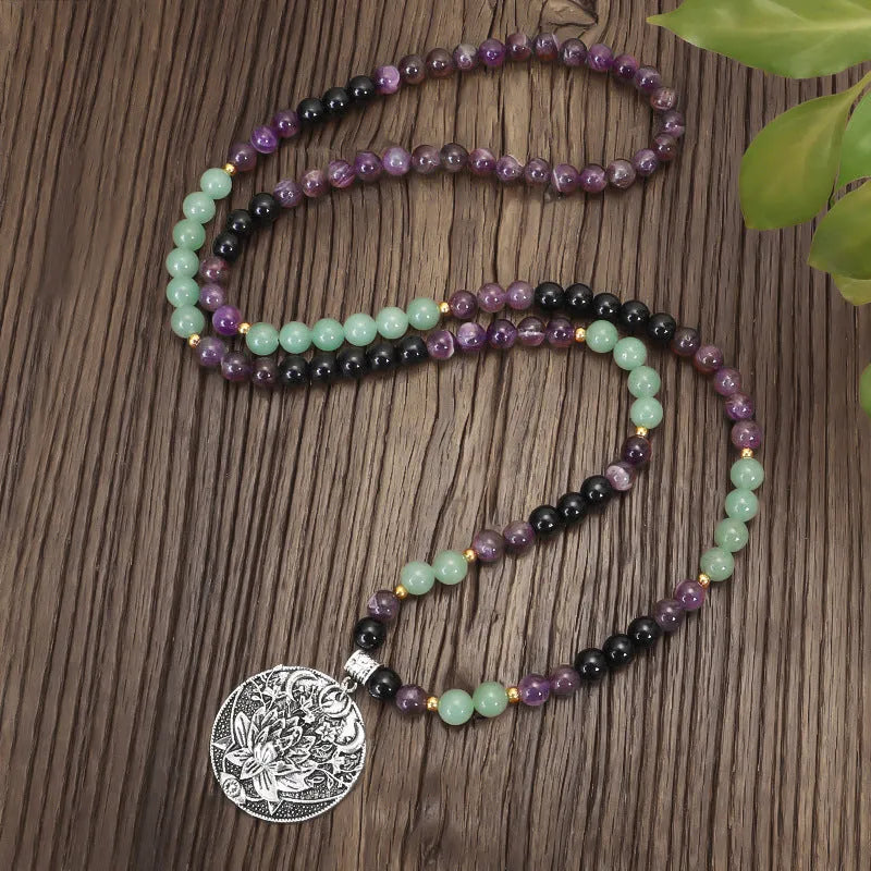 Yoga pendant necklace and matching bracelet with stone beads and geometric alloy pendant design