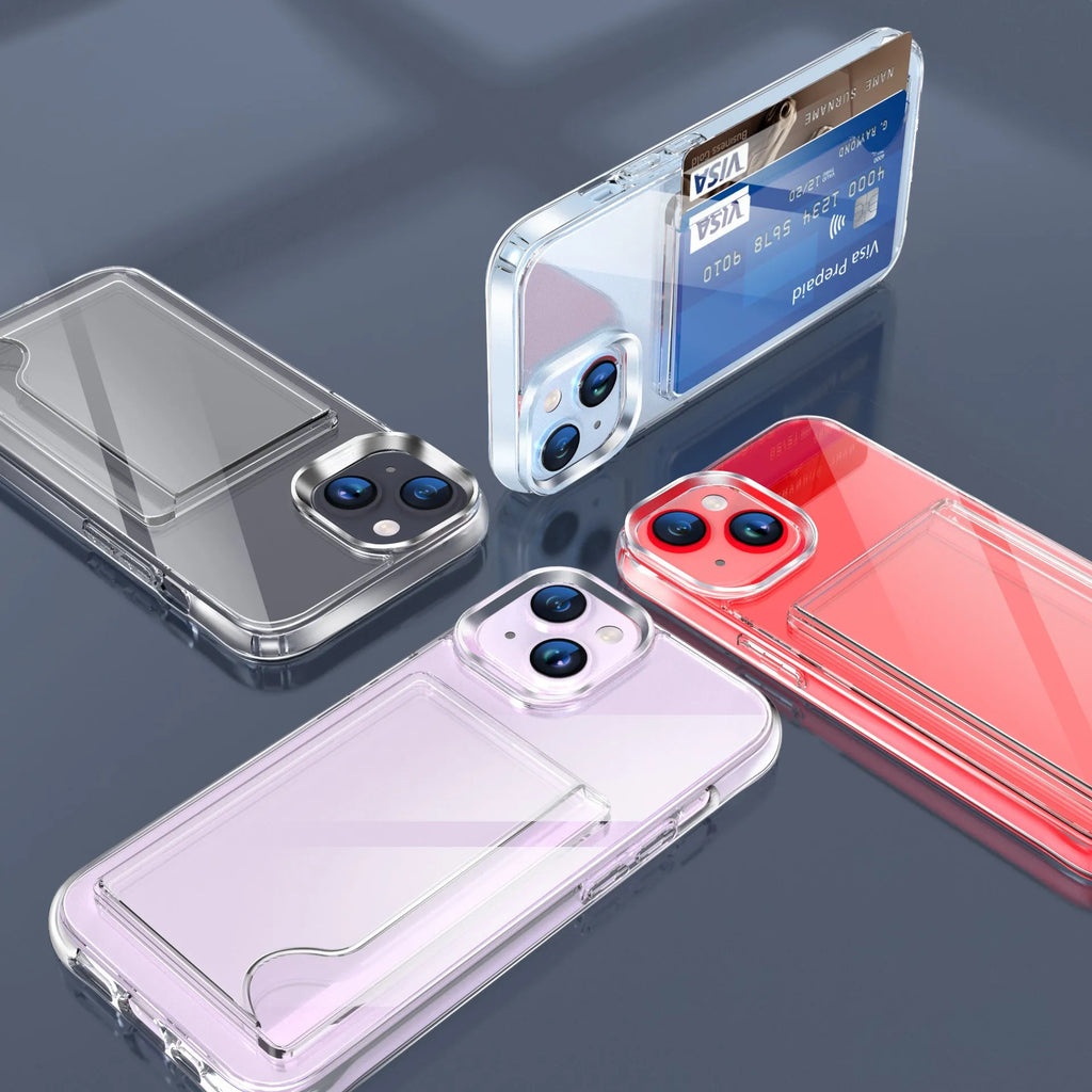Transparent acrylic two-in-one card holder phone case for iPhone 15, 14, 13, 12 series with card slot visible on back