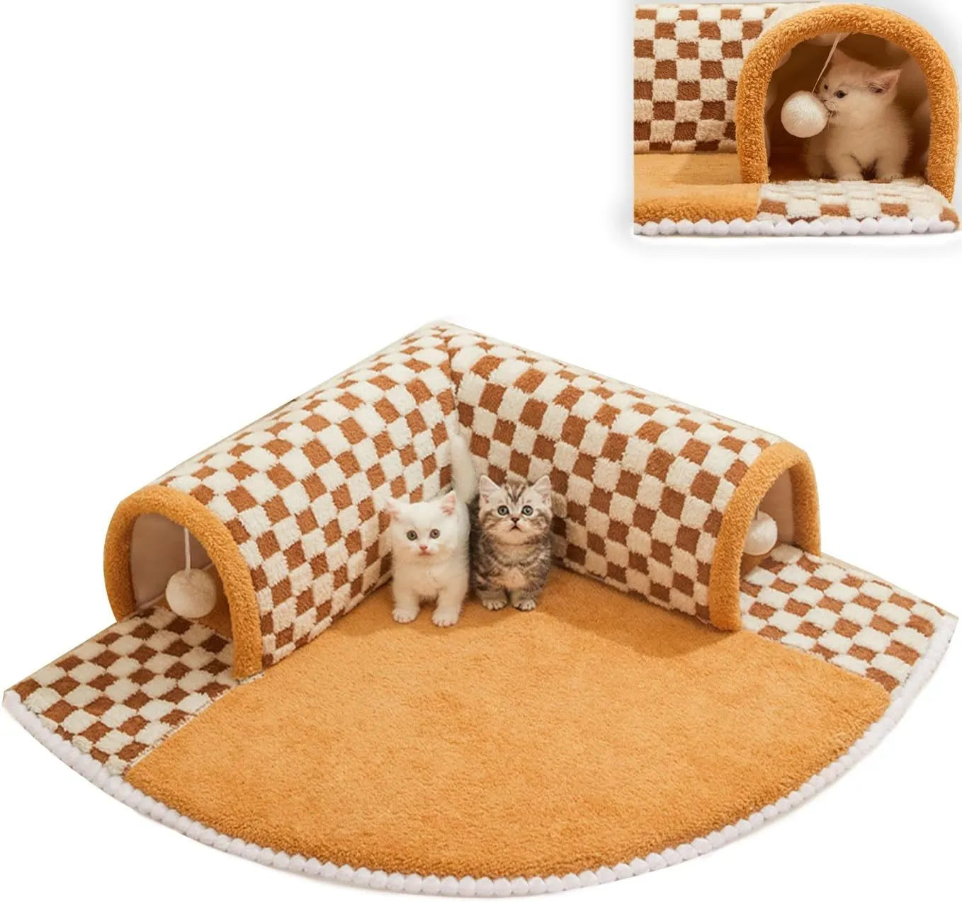 Brown plush plaid cat tunnel bed with central mat showing tunnel opening and non-slip bottom