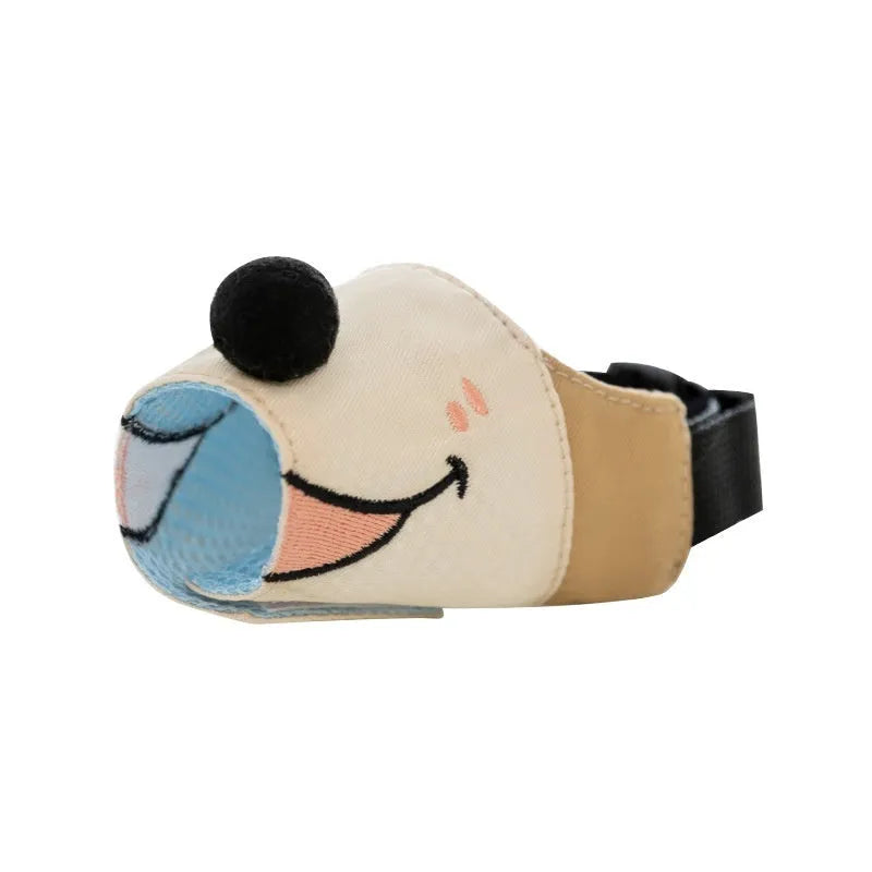 Canvas dog muzzle anti-bite mouth cover in Ollie Brown Bear and Bondi Blue Shark colours, shown in sizes S, M, L, XL.