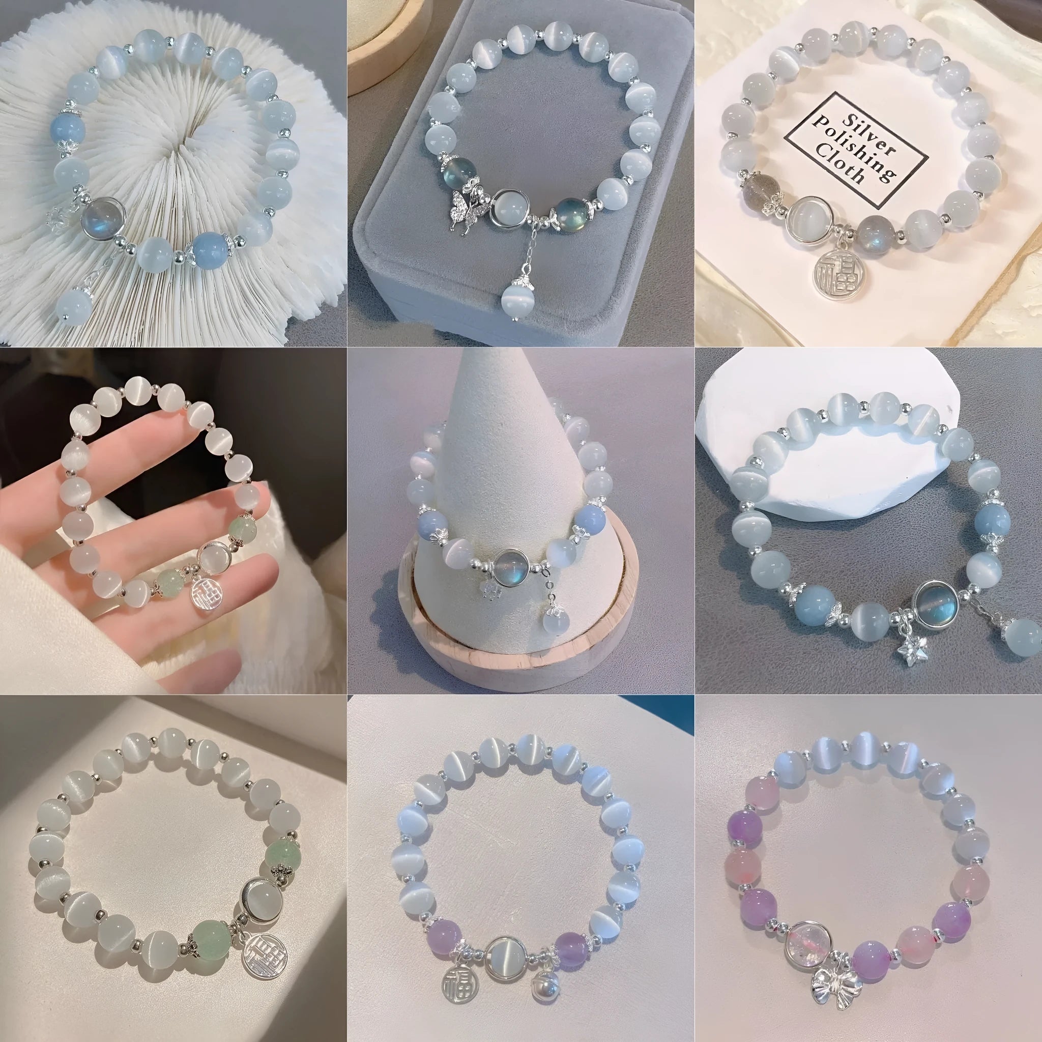 Handmade glass butterfly bracelet for women with adjustable silver clasp and grey moonstone beads