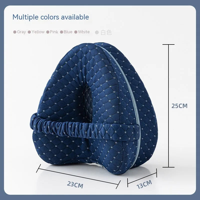 Heart-shaped dark blue jacquard memory foam leg pillow for adult knee support.