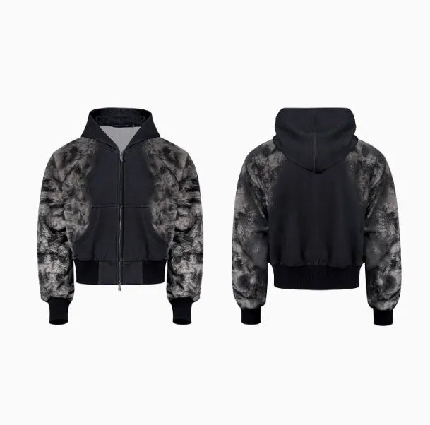 Street trendy printed loose fit co-ord set showing hoodie, trousers and seven-inch pants