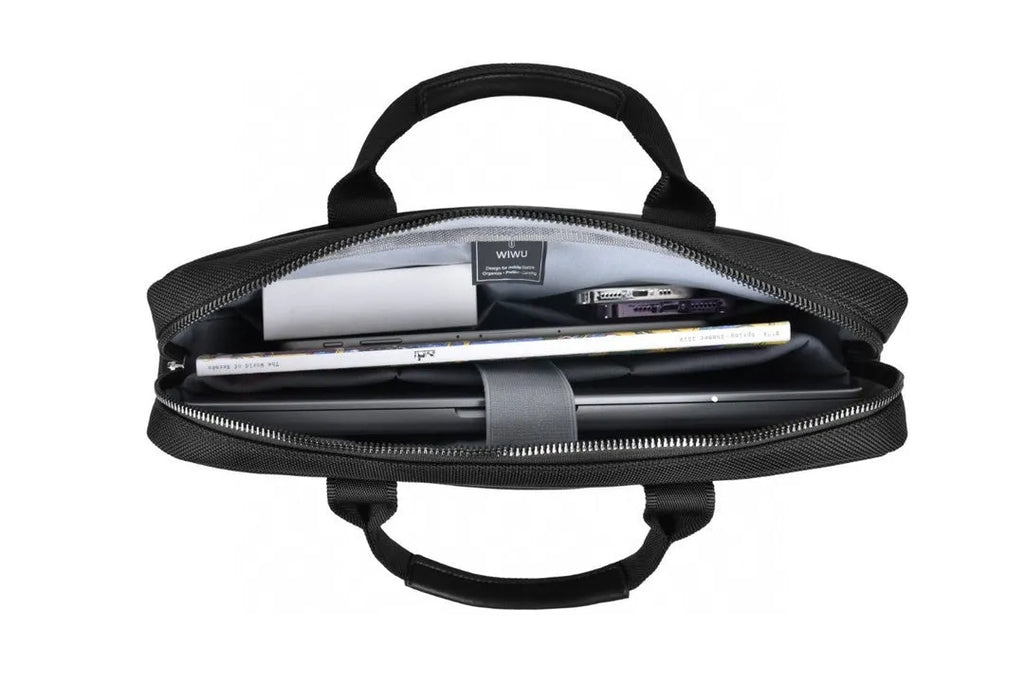 Black Oxford cloth laptop backpack showing multiple compartments and lock feature.