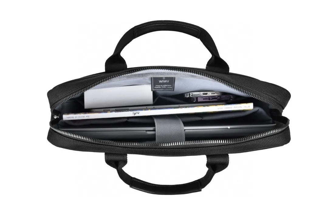 Black Oxford cloth laptop backpack showing multiple compartments and lock feature.