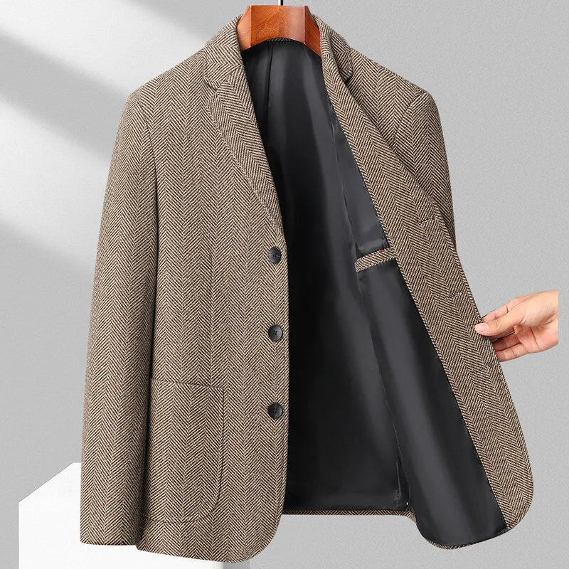 Men's solid colour loose fit woolen coat for casual spring and autumn wear.