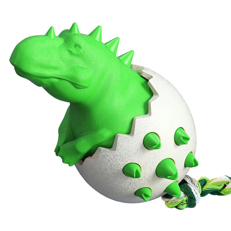 Blue dinosaur-shaped dog chew toy with an attached nylon rope on a neutral background.
