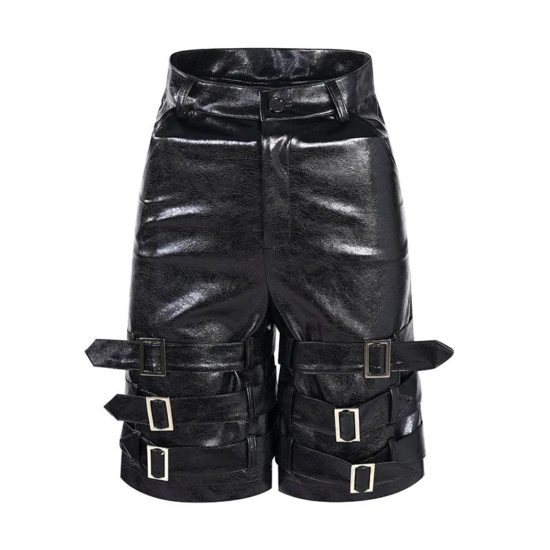 Men's black PU leather cropped shorts with leather ring detailing on leg