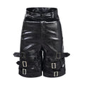 Men's black PU leather cropped shorts with leather ring detailing on leg