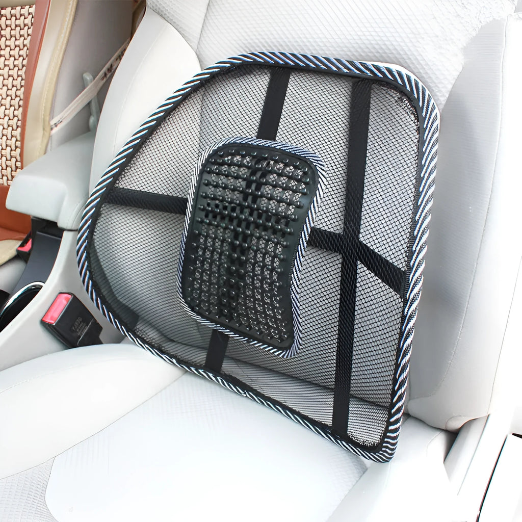 Black car lumbar support pillow showing polypropylene fibre mesh construction and 41x39cm dimensions