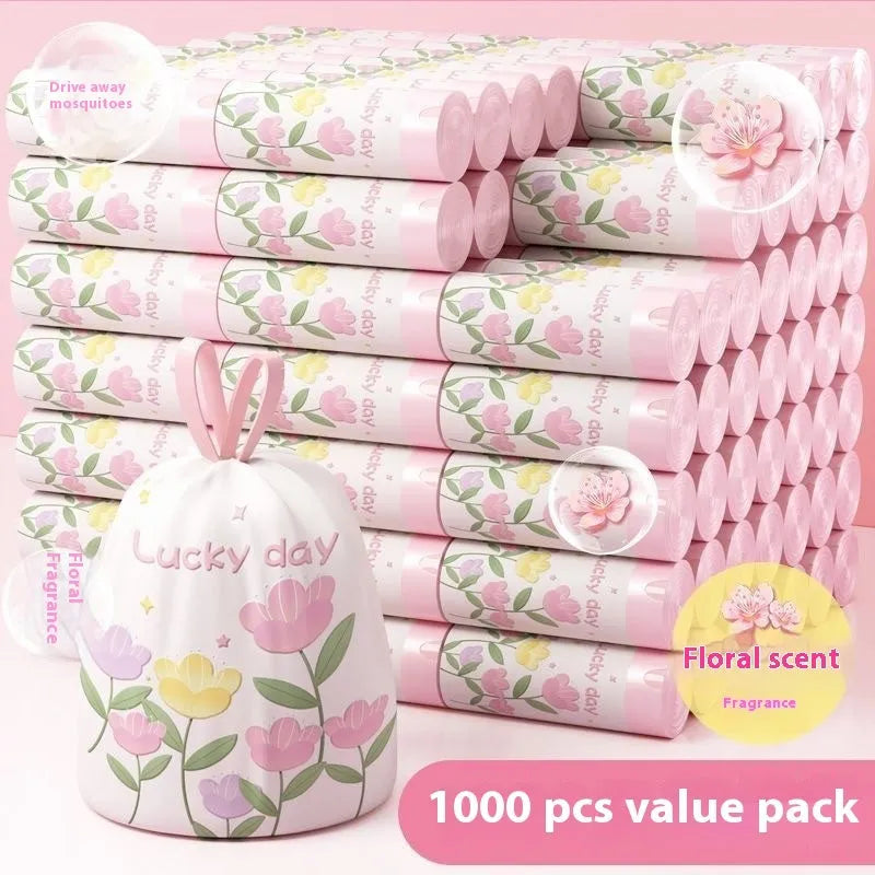 Pink drawstring garbage bags with argy wormwood mosquito repellent, size 44cm by 48cm.