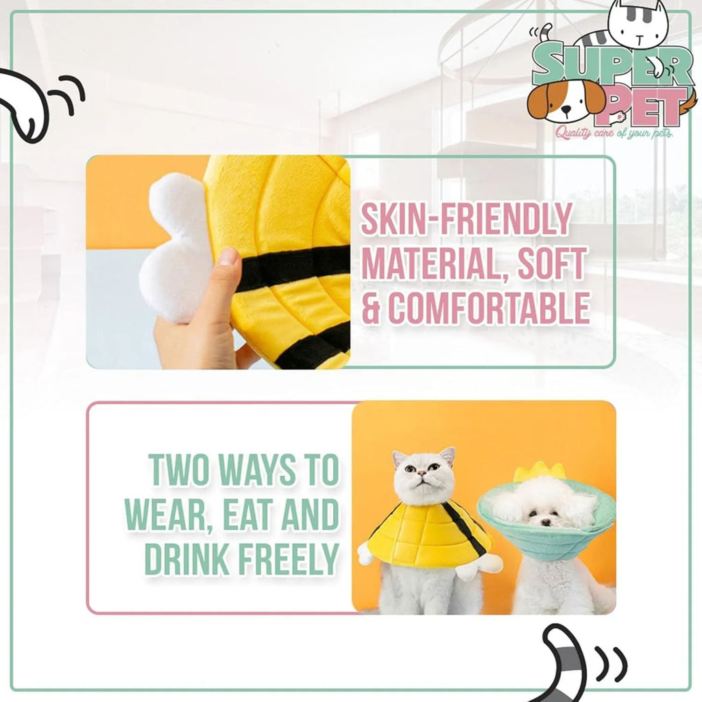 Soft white cat cone collar with a black and yellow bee design and Velcro closure.