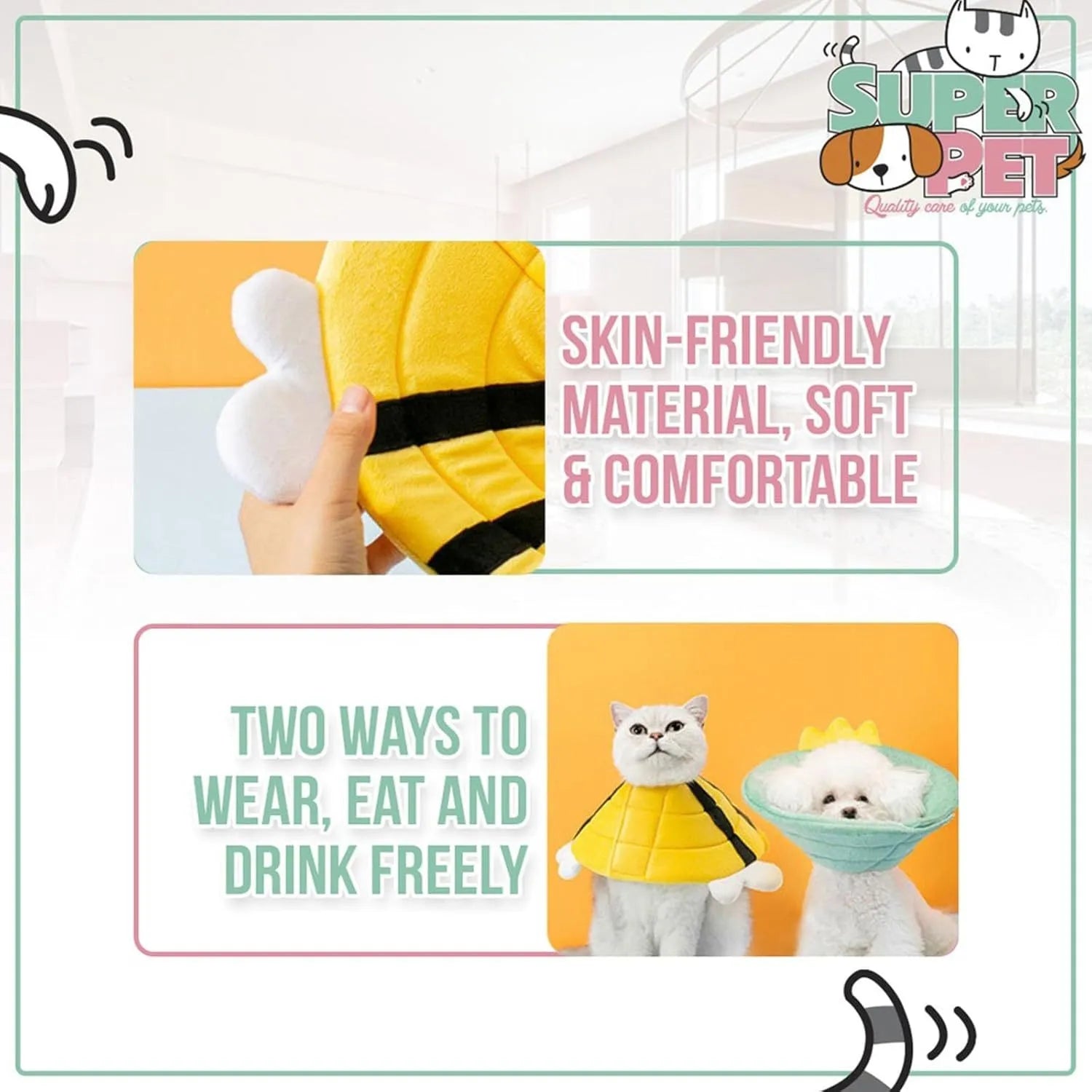 Soft white cat cone collar with a black and yellow bee design and Velcro closure.
