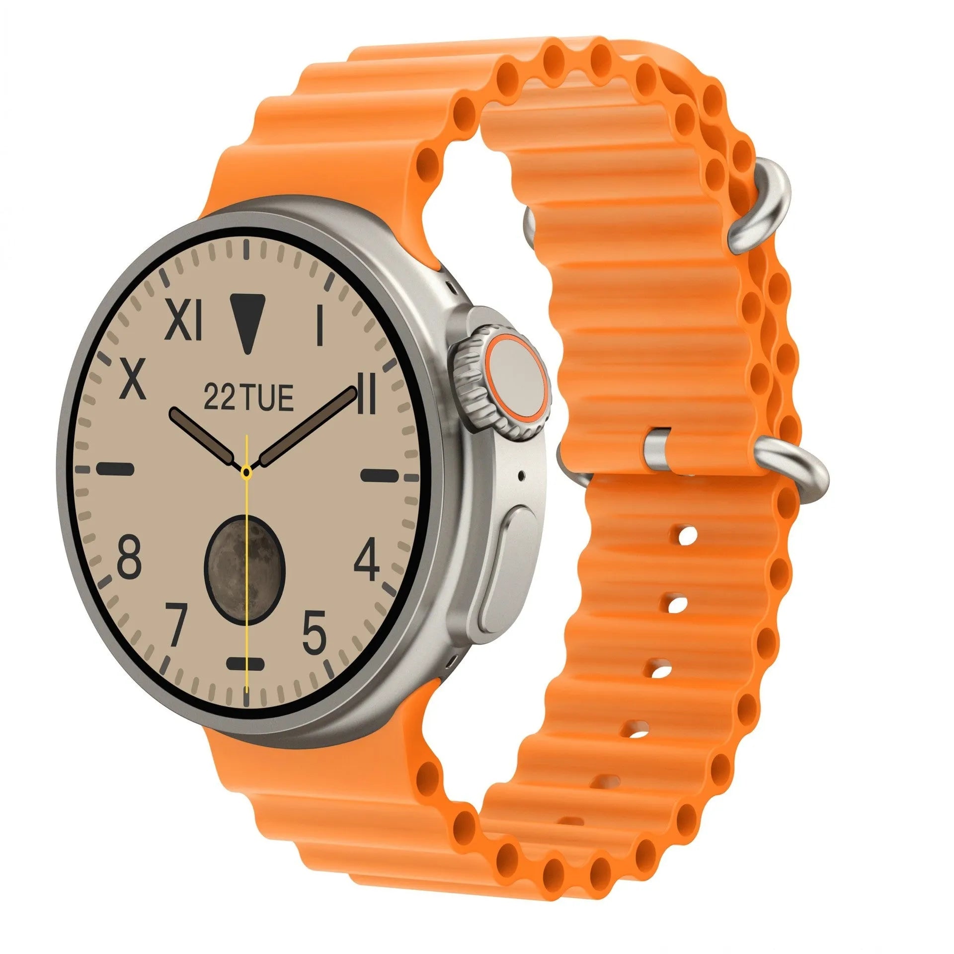 K9 smartwatch with round screen on silicone strap, showing health stats and NFC payment icon.