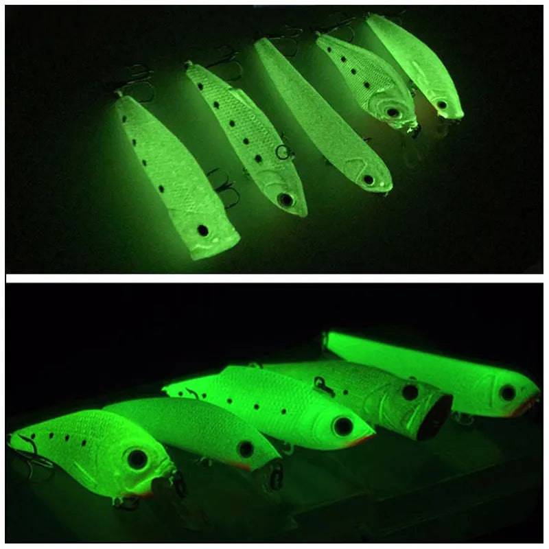 Set of five 3D fluorescent simulation hard bait fishing lures with submerged luminous design