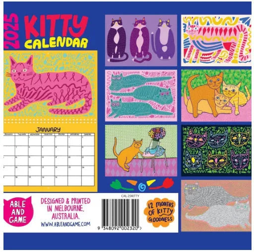 Cat-themed wall calendar planner showing monthly grids, available for 2024 and 2025