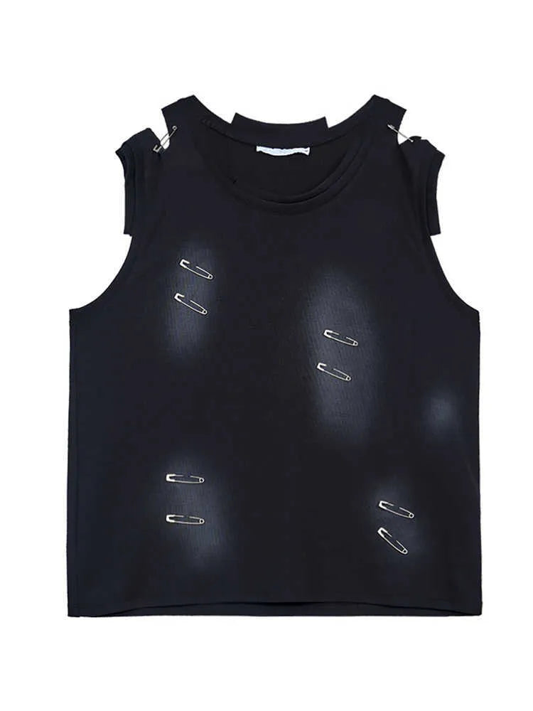 Men's black sleeveless vest waistcoat with an irregular ripped cut design and round neck collar