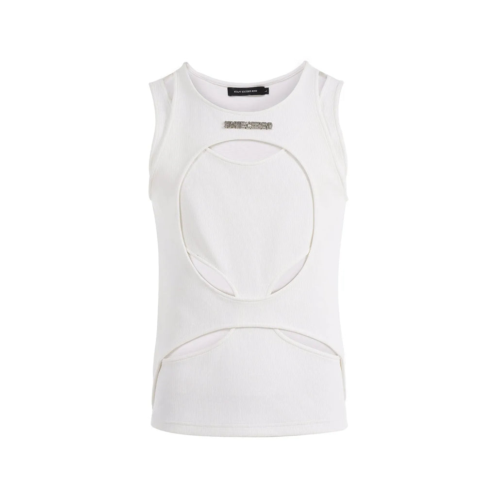 Men's black sleeveless waistcoat with hollow thread texture and round neck collar