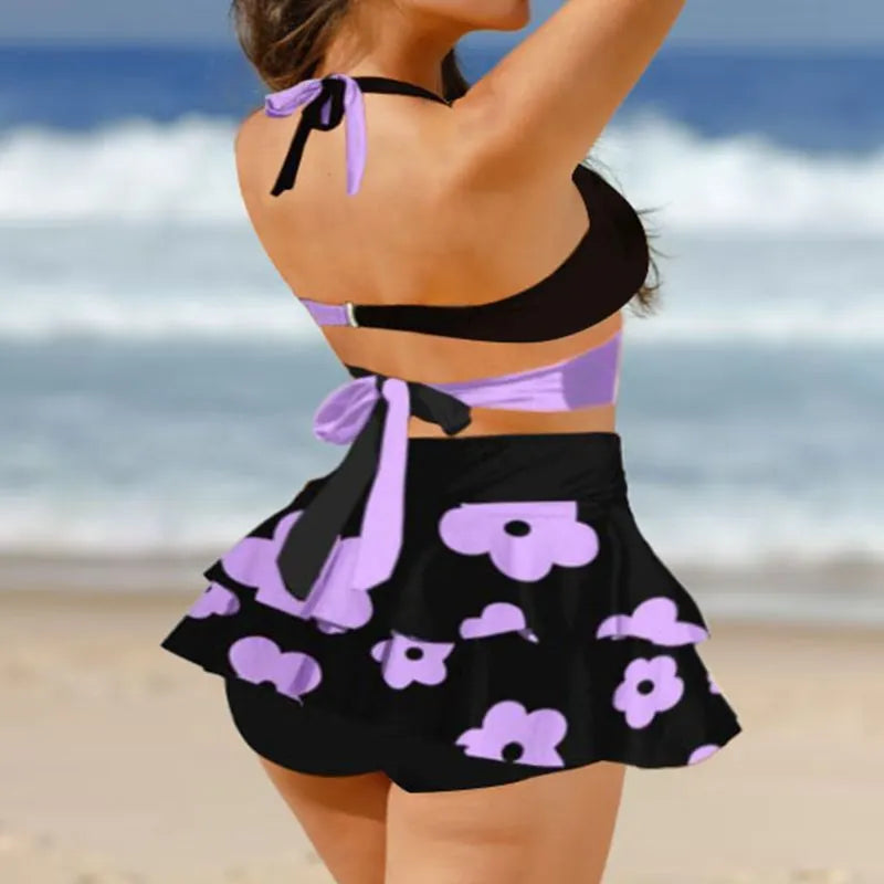 Purple high-waist women's bikini with lace-up top and matching split skirt