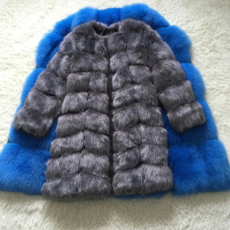 Women's long black artificial fur coat with 80cm length and regular sleeves.