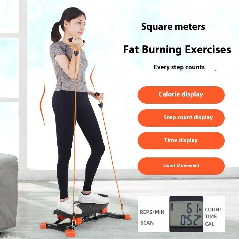 Black foldable mini fitness skiing machine JS101A with elastic hand straps on a home floor.