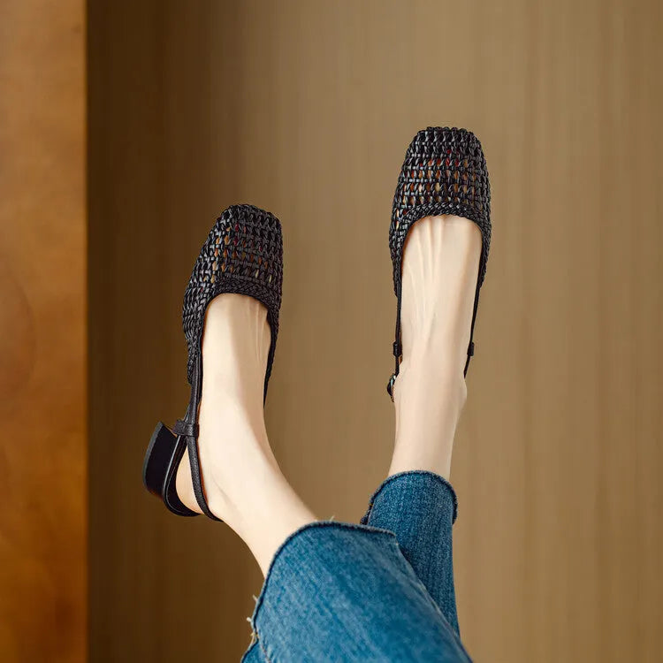 Beige women's woven sandals with a chunky heel, closed toe, and buckle strap on a white background.