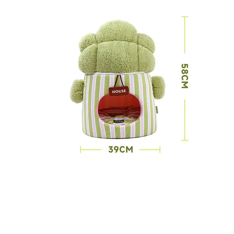 Green cauliflower-shaped enclosed pet house with a tree hole entrance and removable cushion for a small dog or cat.