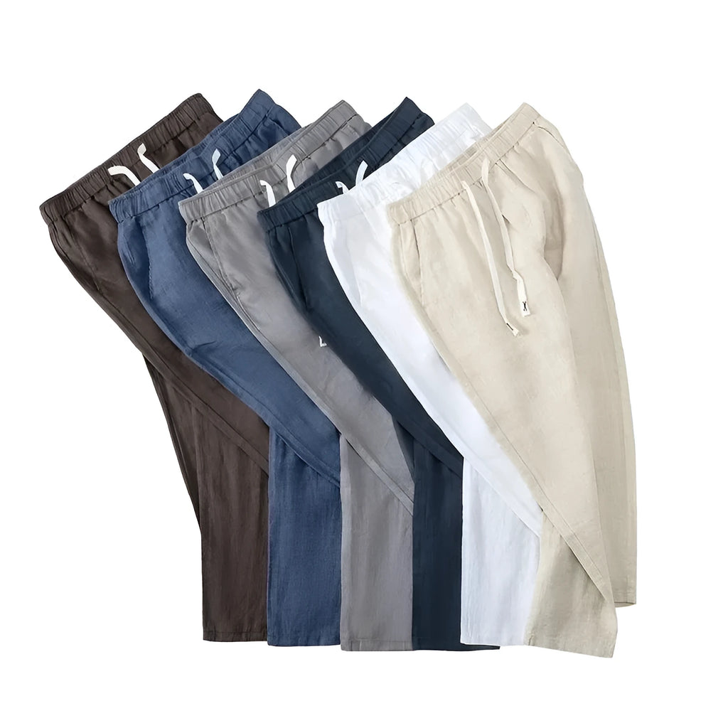 Pure linen hemp blend Chinese-style straight leg trousers with elastic drawstring waist in multiple colours.