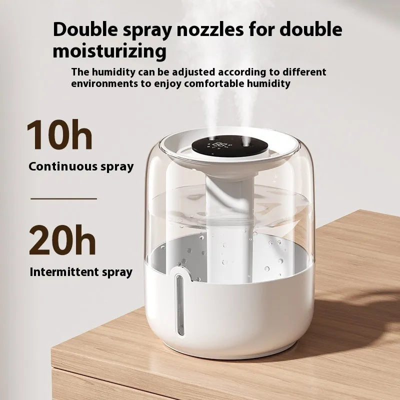 Beige plastic USB humidifier with dual spray nozzles, humidity display, and night light