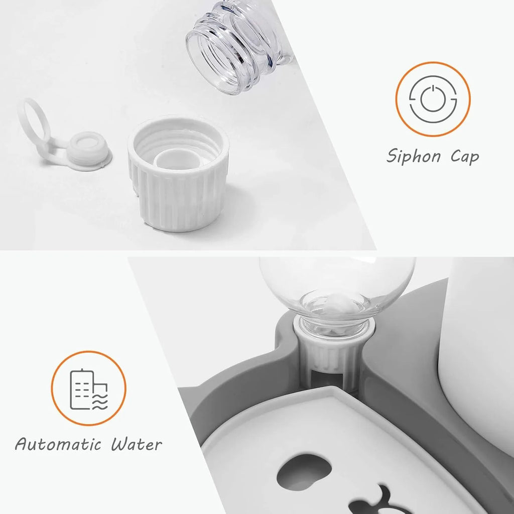 Grey automatic water dispenser and tilted raised stainless steel bowl pet feeder set.