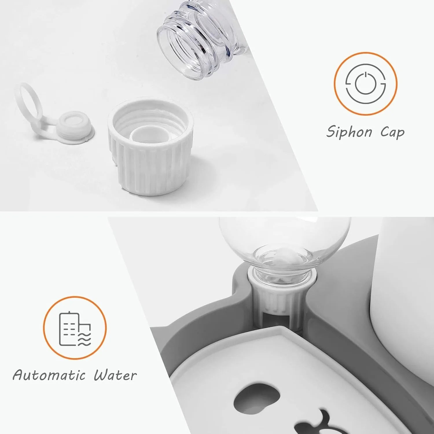 Grey automatic water dispenser and tilted raised stainless steel bowl pet feeder set.